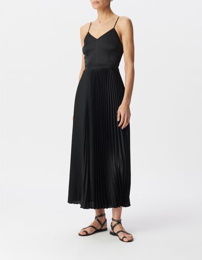 Robe longue noire pliss&eacute;e fines bretelles Femme - IKKS