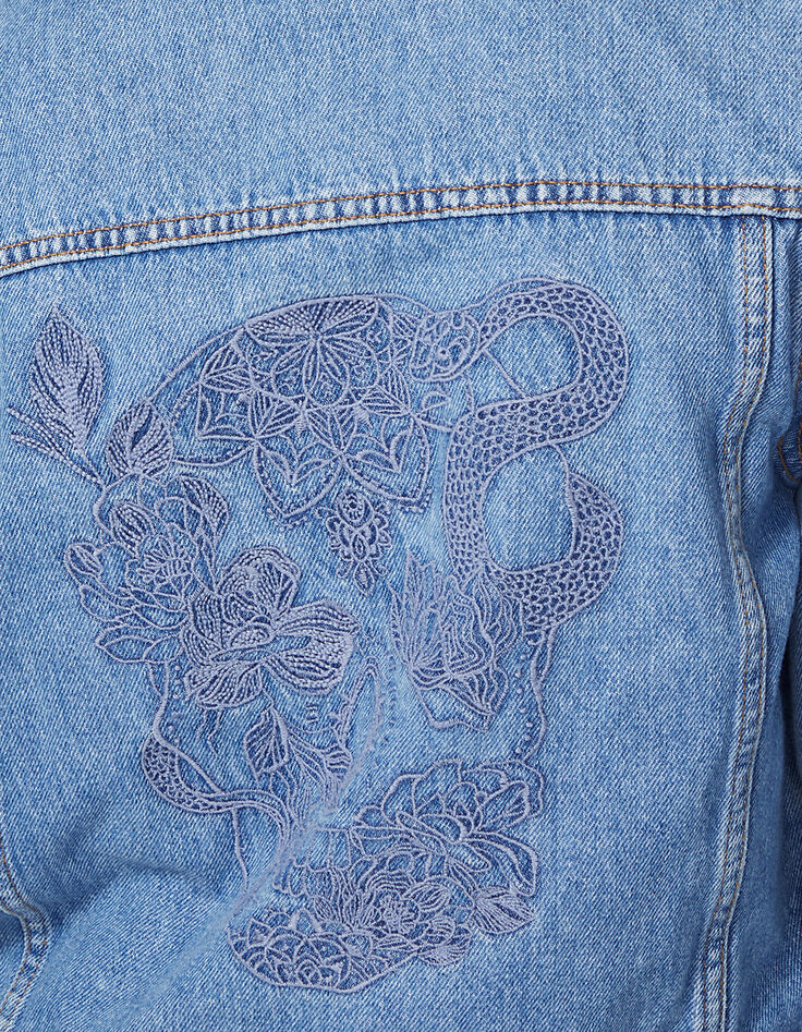 Veste courte en jean bleu broderie dos femme-4