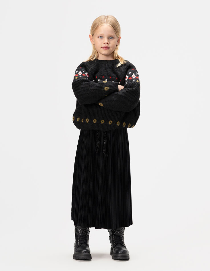 Schwarzer langer Faltenrock Pannesamt Mädchen-1 Schwarzer langer Faltenrock Pannesamt Mädchen-1