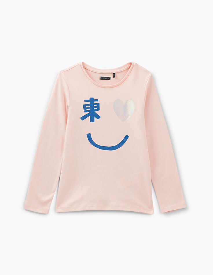 Tee-shirt rose poudré à visuel smiley tokyoïte fille -1 Tee-shirt rose poudré à visuel smiley tokyoïte fille -1