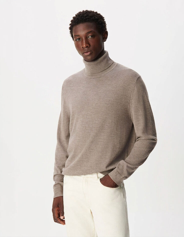 Pull col roul&eacute; beige tricot 100% laine Homme-1