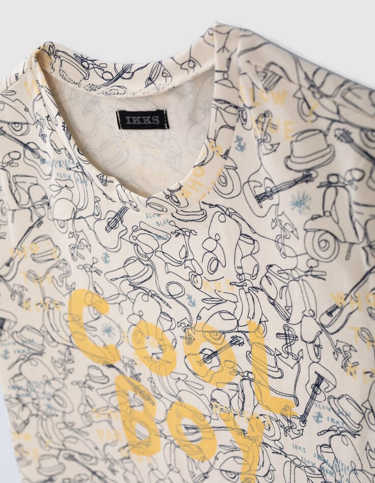 Ecru T-shirt biokatoen all-over lijntekeningen jongens-6