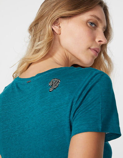 Women’s emerald linen V-neck T-shirt with tiger on back - IKKS