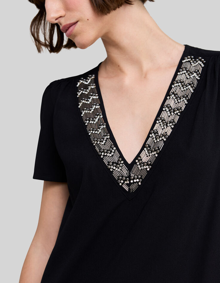 Women’s black recycled dress, pretty embroidered collar-5