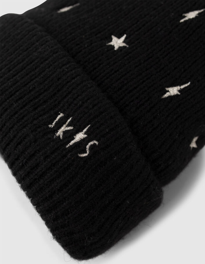 Girls’ black knit beanie, embroidered gold stars/lightning - IKKS