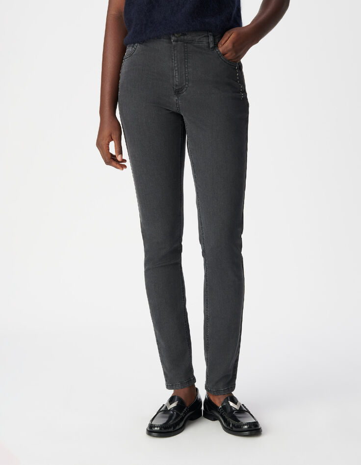 Grijze slim jeans met hoge taille en studdetail Nina Dames-2
