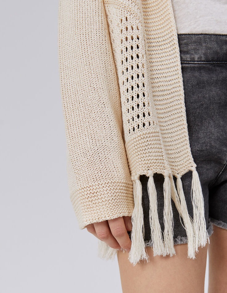 Cardigan écru tricot ajouré avec franges Femme-5