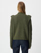 Khaki Damenstrickpulli Lurex, Schulterpolster, Zopfmuster-3