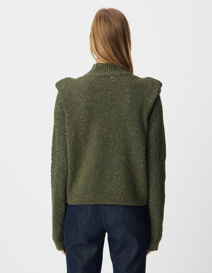 Khaki Damenstrickpulli Lurex, Schulterpolster, Zopfmuster-3