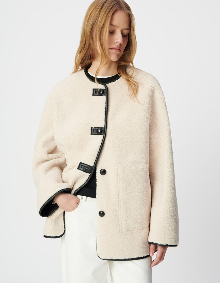 Cremefarbener Sherpa und schwarzer Damen-Wendemantel-2