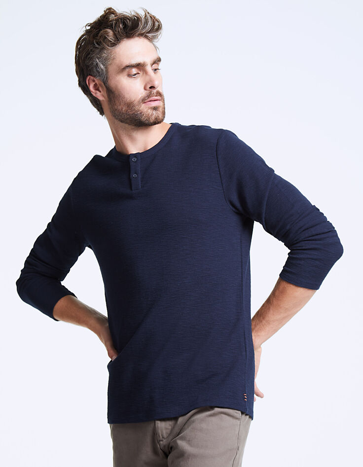 Men's navy, waffle weave, button-neck T-shirt -2