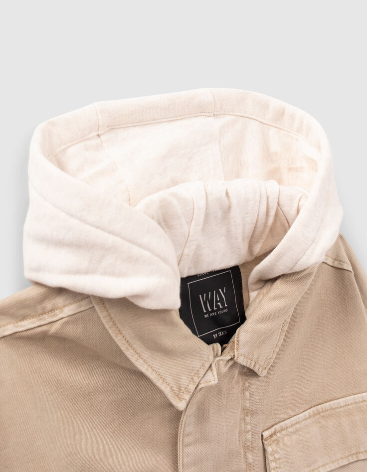 Beige jeansjacke mit abnehmbarer Kapuze-3