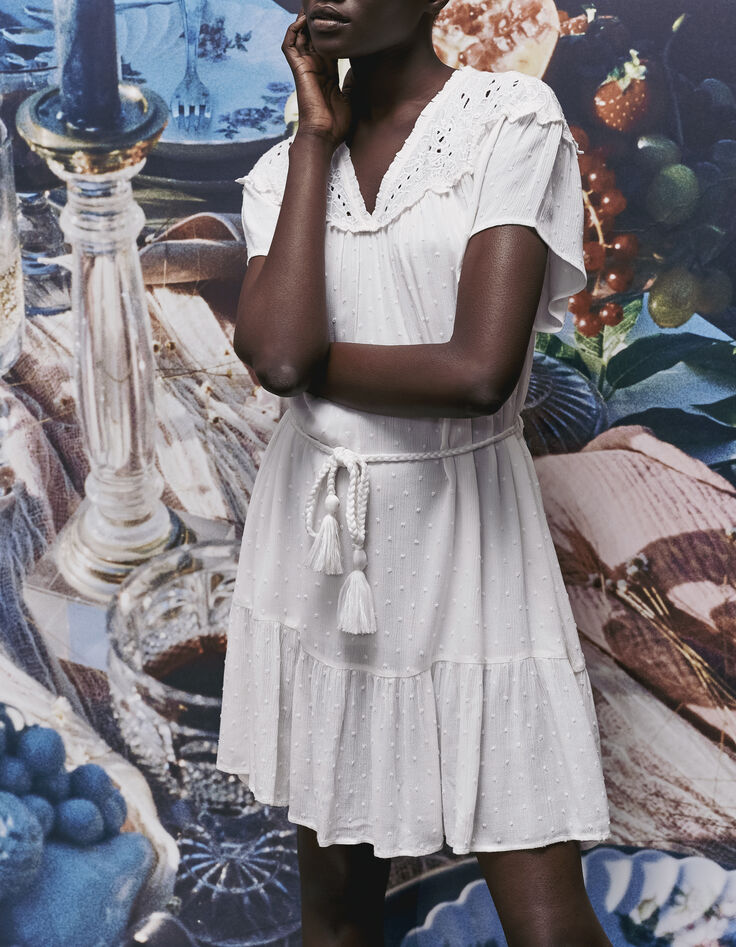 Women’s white embroidered collar dotted Swiss crepe dress-2