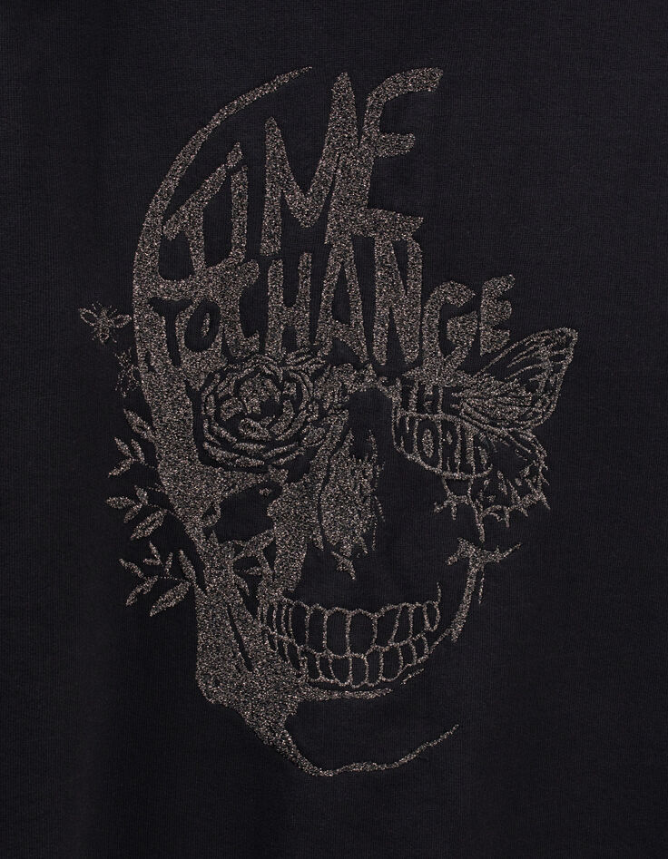 Sweat noir &agrave; capuche message et t&ecirc;te de mort brod&eacute;s Femme-6