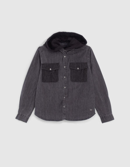 Boys’ medium grey denim shirt with detachable hood