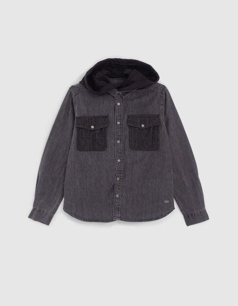 Boys’ medium grey denim shirt with detachable hood