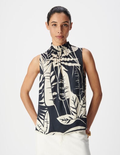 Marineblaues Top mit Tropical-Print ohne &Auml;rmel Damen - IKKS