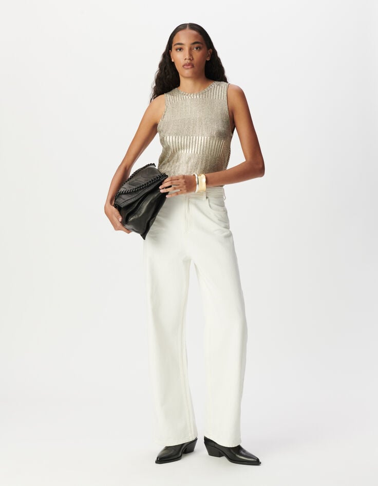 Camiseta de tirantes de mujer con espalda anudada metalizada en dorado-1 Camiseta de tirantes de mujer con espalda anudada metalizada en dorado-1