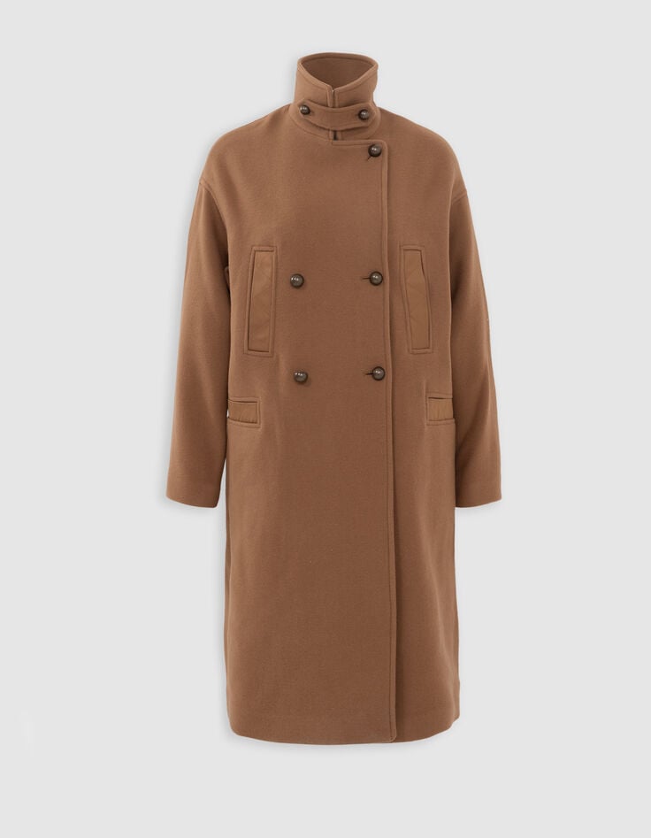 Langer camelfarbener Erbsenmantel für Damen mit abgesteppten Nylondetails-8 Langer camelfarbener Erbsenmantel für Damen mit abgesteppten Nylondetails-8