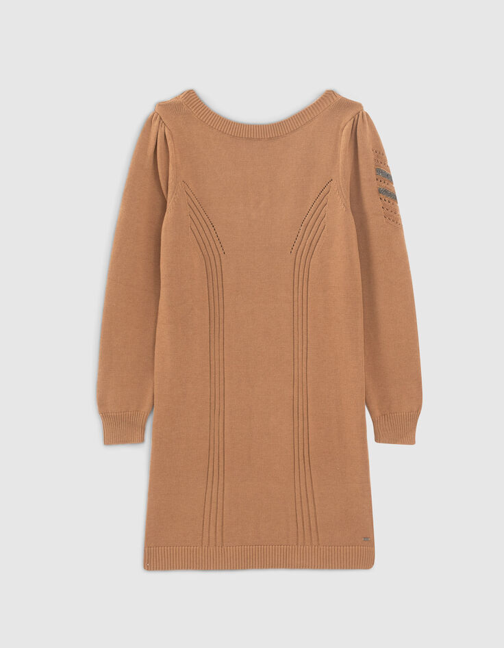 Robe courte camel en maille jeux de points chevrons femme-7
