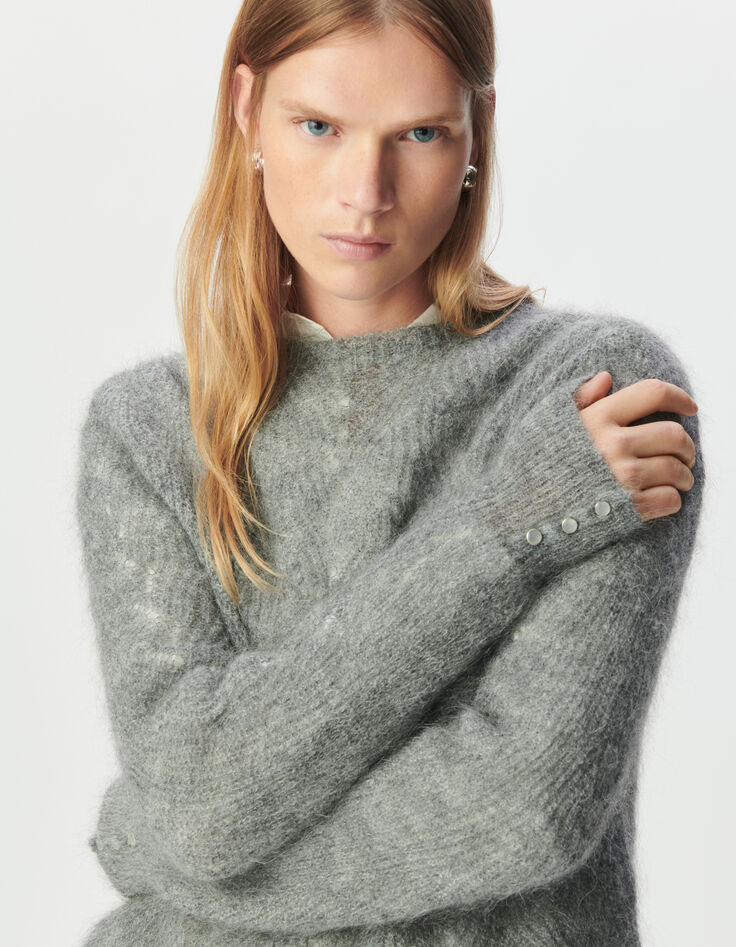 Grauer Damenstrickpulli Mohair-Mix, Zopfmuster-4