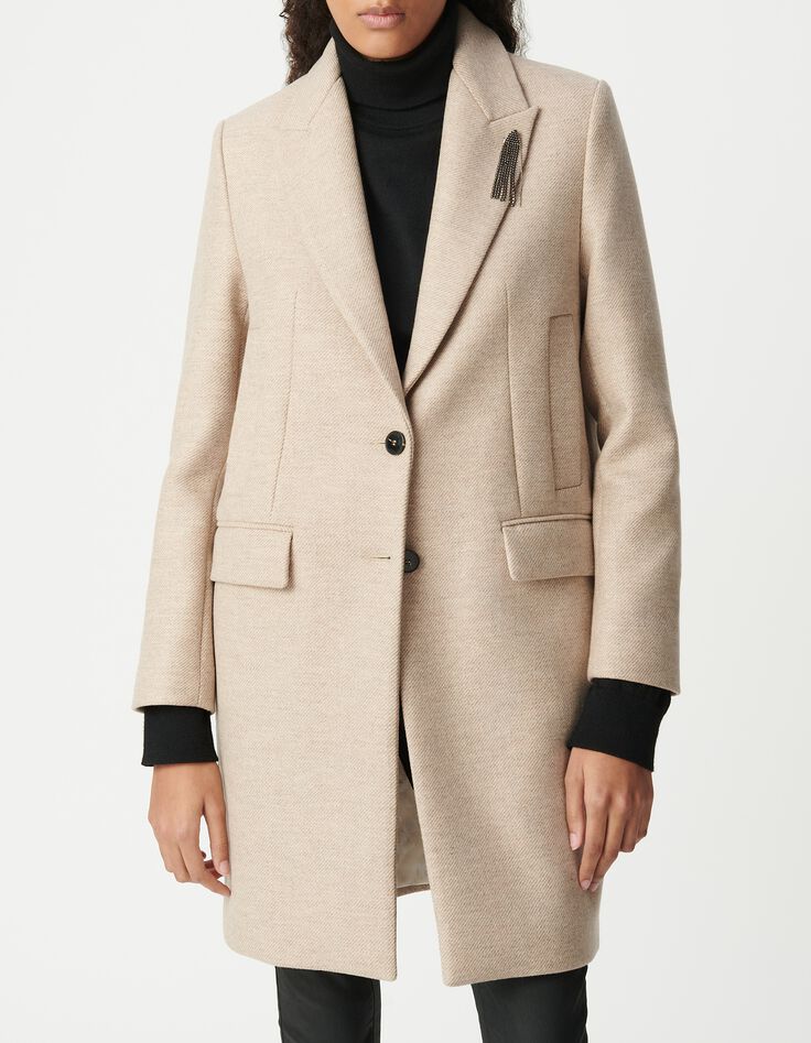 Straight sesame coat with rhinestone brooch Women-2