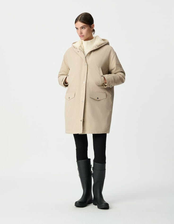 Parka oversize beige à capuche fourrée Femme-2