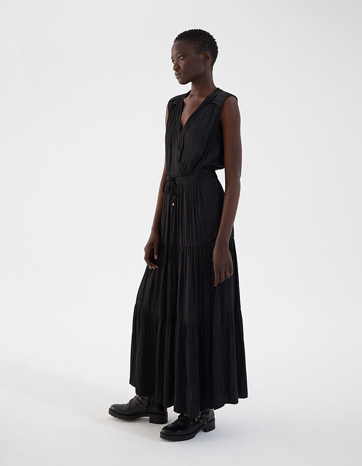 Vestido largo satén negro pliegues mujer-7