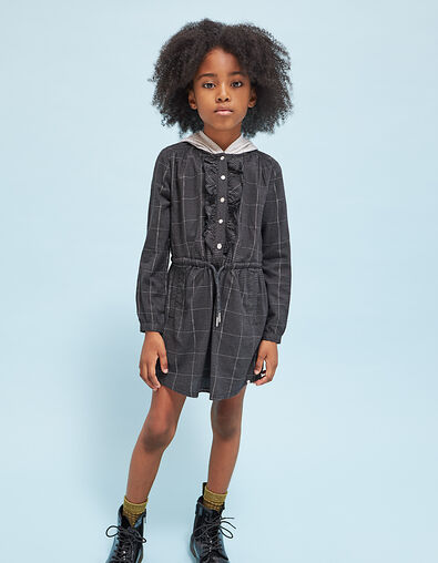 Robe gris anthracite à carreaux avec capuche fille - IKKS