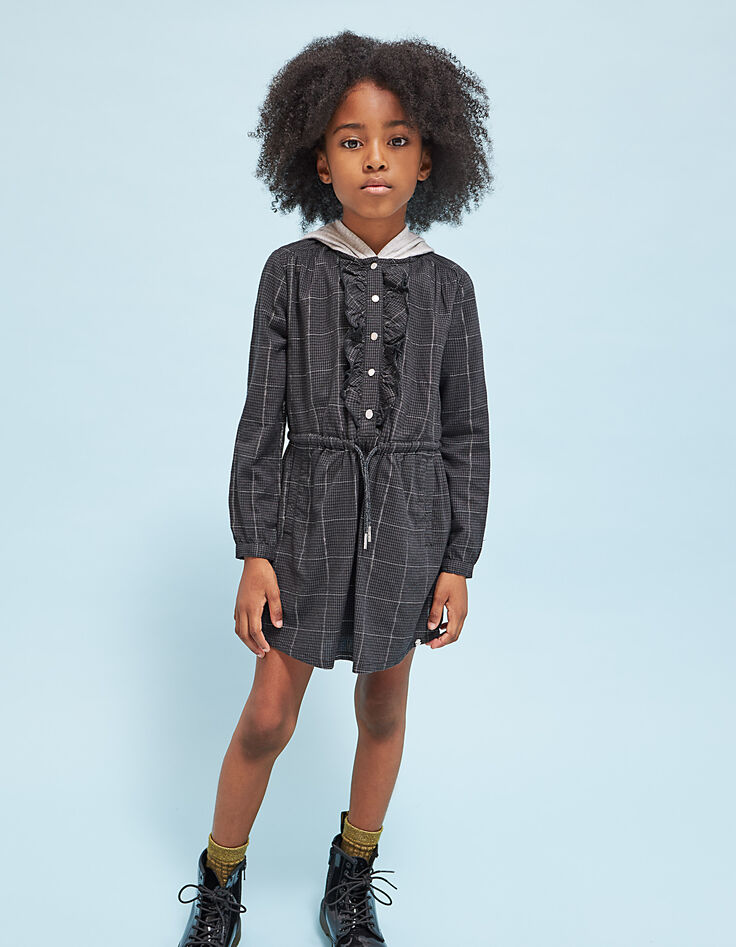 Robe gris anthracite à carreaux avec capuche fille-1