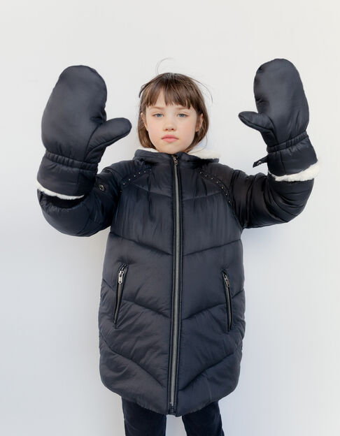 Girls’ black recycled furry padded jacket with mittens