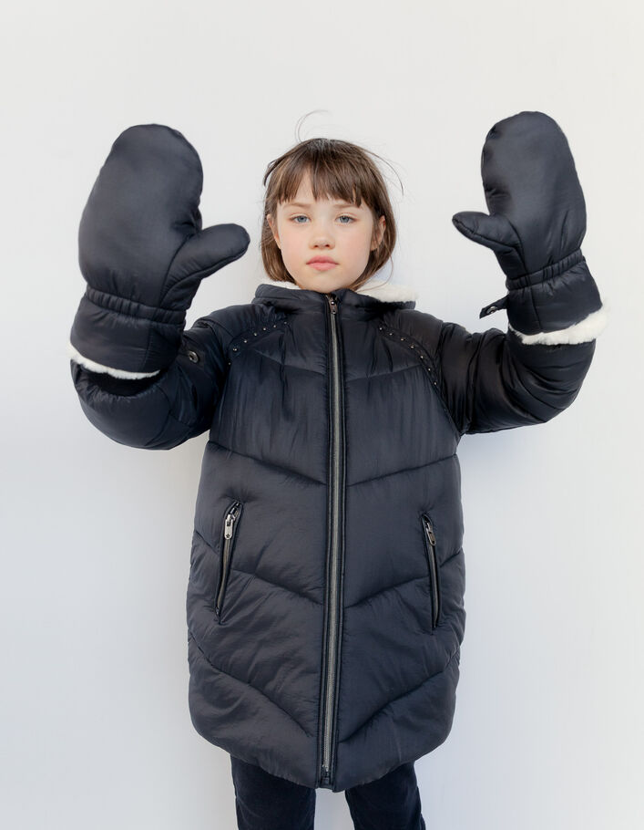 Girls’ black recycled furry padded jacket with mittens-3