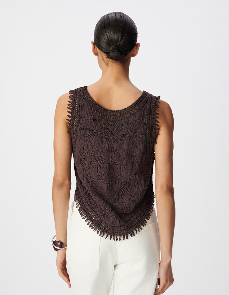 Top sans manches bordeaux motifs brod&eacute;s crochet Femme-3