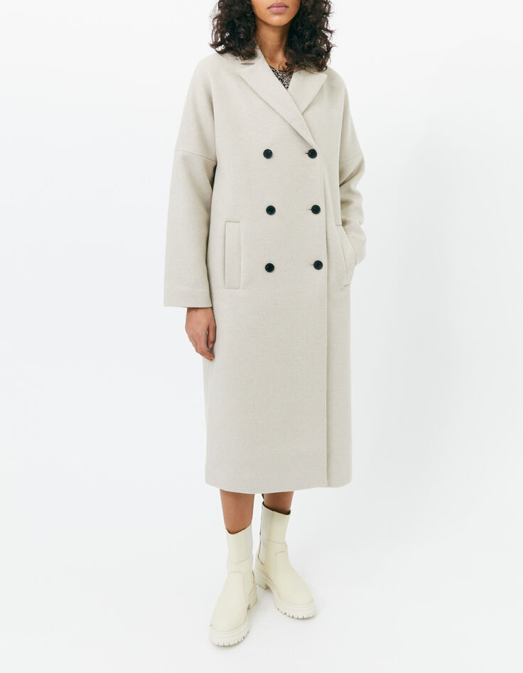 Manteau long blanc en drap de laine recyclé mélangé femme-2