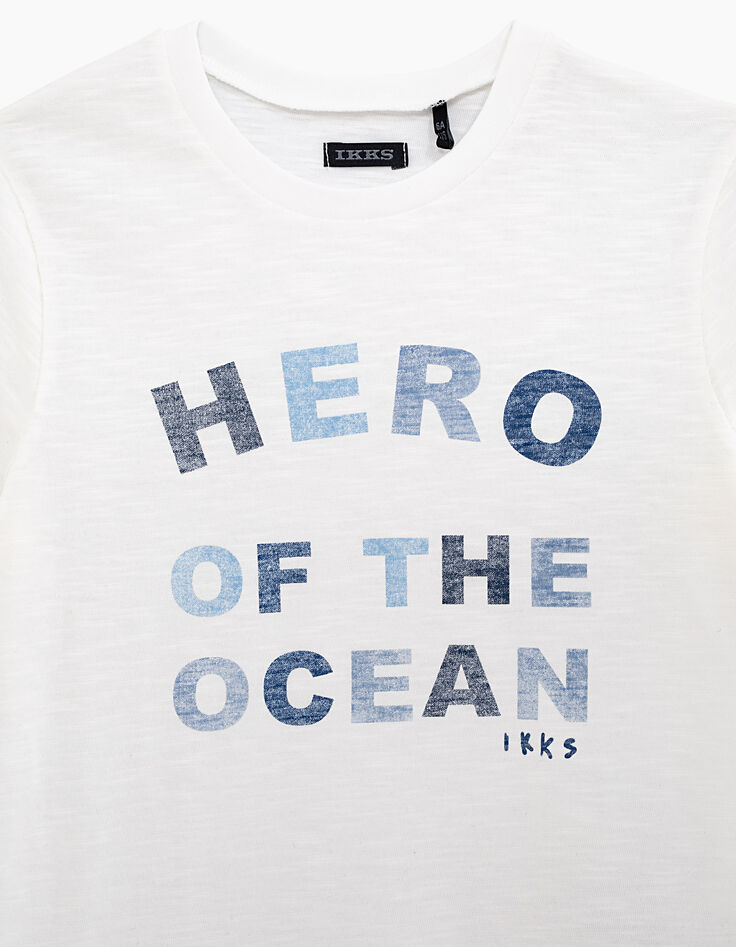 Tee-shirt blanc cassé à typo bleu coton bio garçon -3