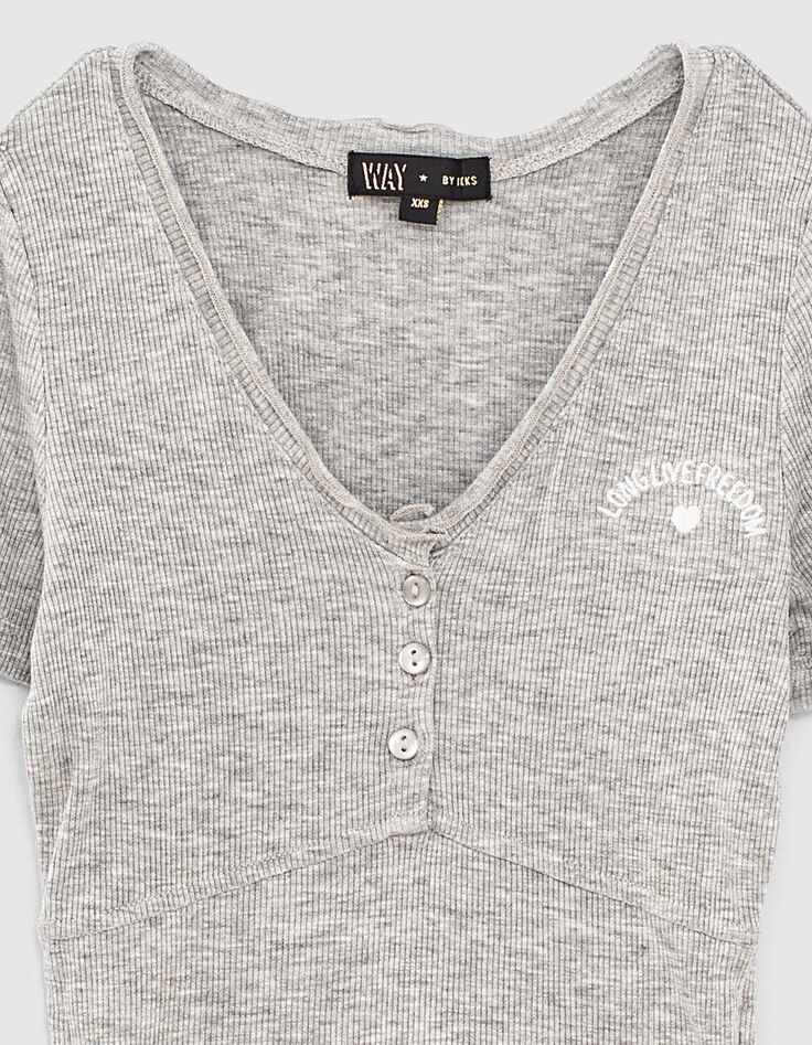 Grijs geribd T-shirt cropped meisjes-4 Grijs geribd T-shirt cropped meisjes-4