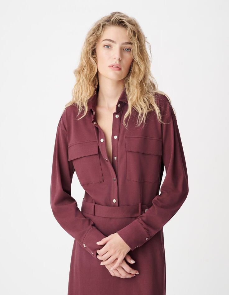 Bordeauxrode gebreide shirtjurk voor dames met riem-2