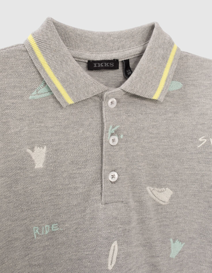 Boys’ grey marl all-over embroidery polo shirt-2