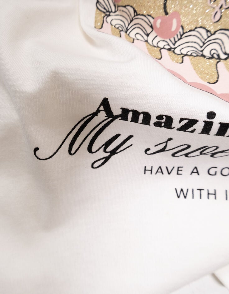 Girls’ ecru organic cotton T-shirt with cake image-7