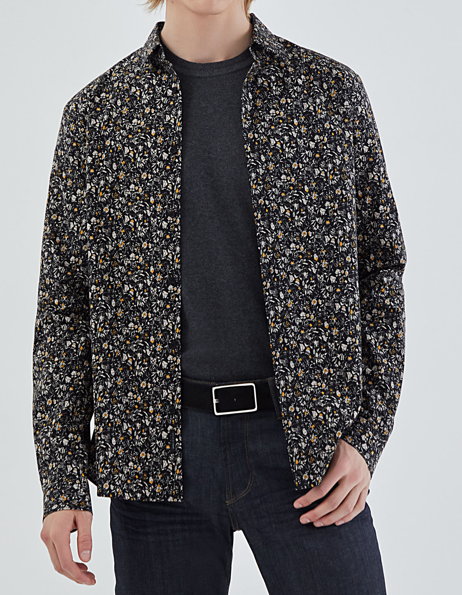 Chemise SLIM noire imprim fleurs Homme