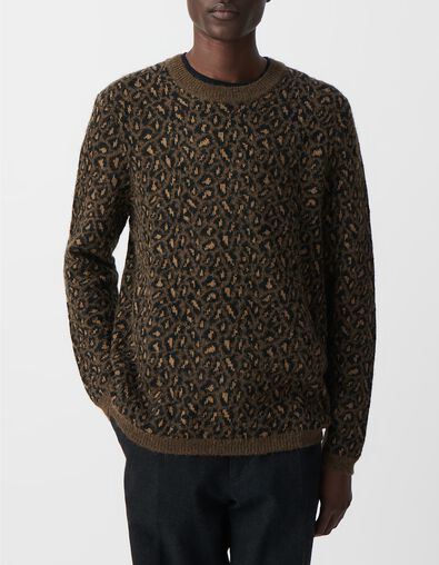 Pull beige tricot jacquard motif l&eacute;opard Homme - IKKS
