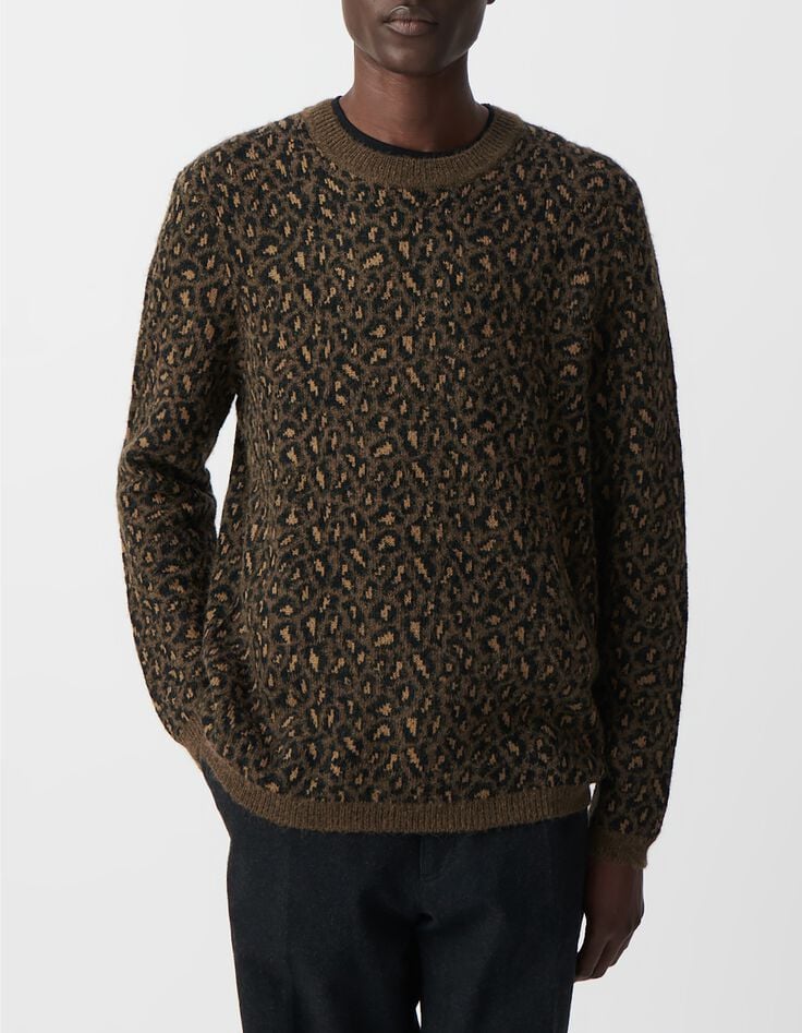 Pull beige tricot jacquard motif l&eacute;opard Homme-1