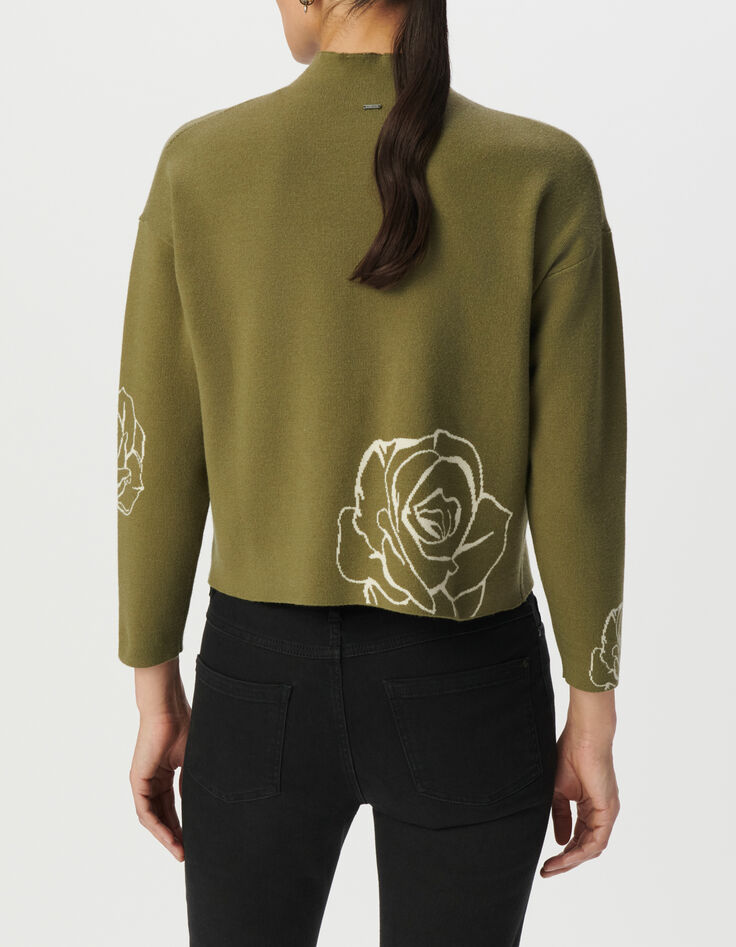 Gr&uuml;ner Damenstrickpulli, Rosenjacquard-3