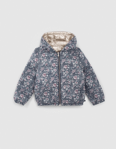 Girls’ navy flower/silver reversible padded jacket - IKKS