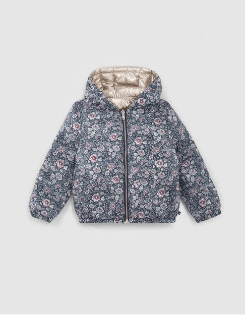 Girls’ navy flower/silver reversible padded jacket