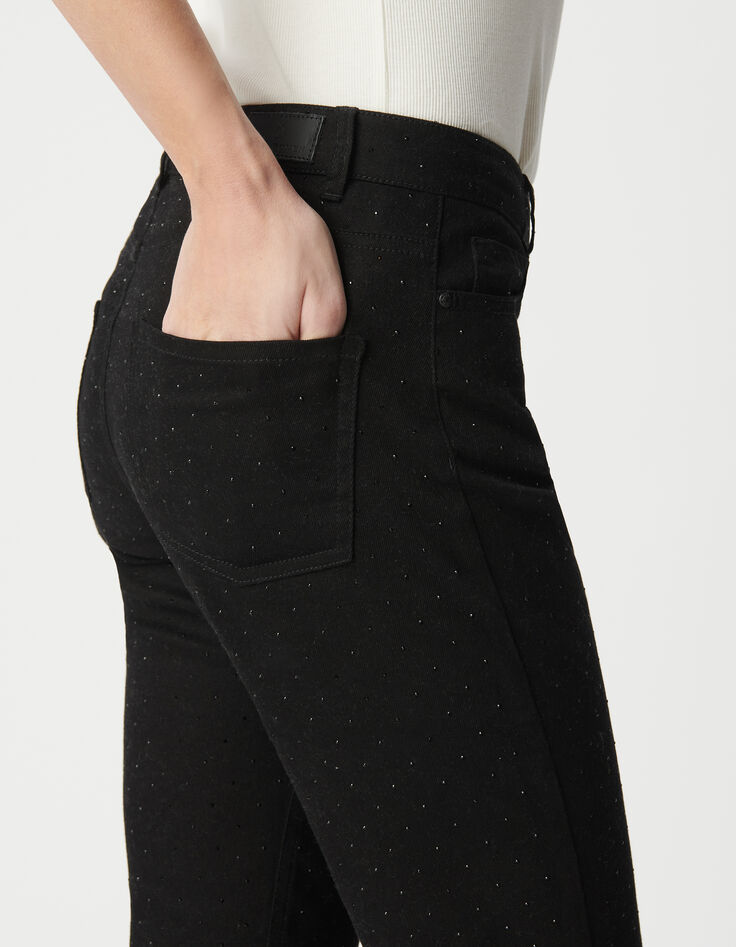 Schwarze, gerade geschnittene Damen-Jeans mit schwarzen Strasssteinverzierungen-5