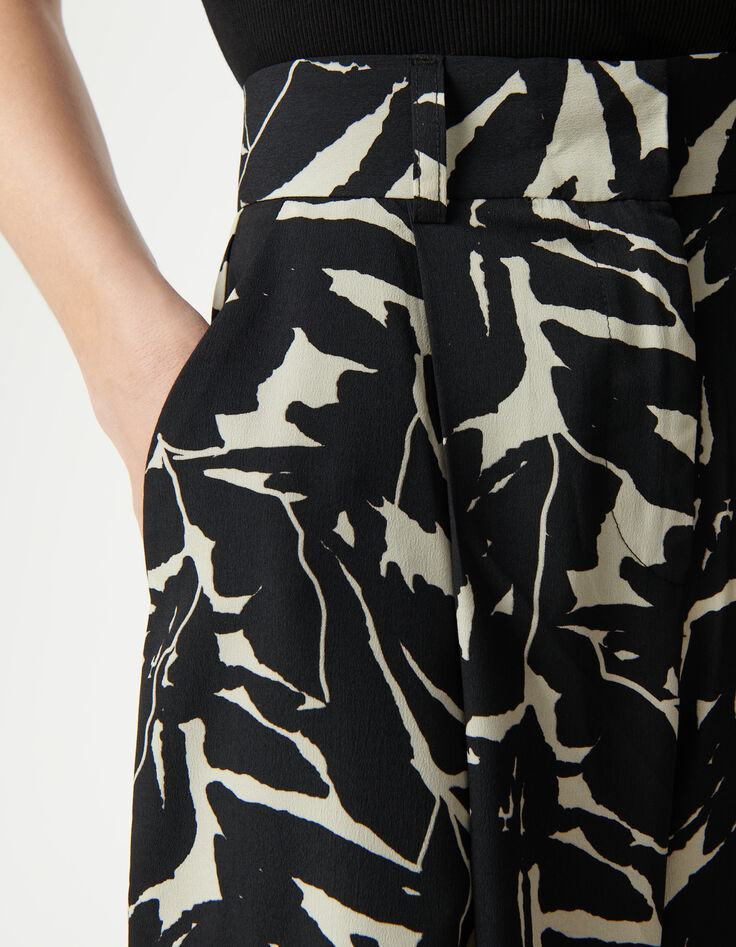 Pantalon fluide noir imprimé fleurs zébré Femme-4