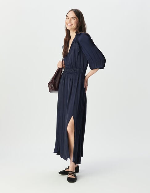 Women’s navy flowing dress with pleated ruffles - IKKS