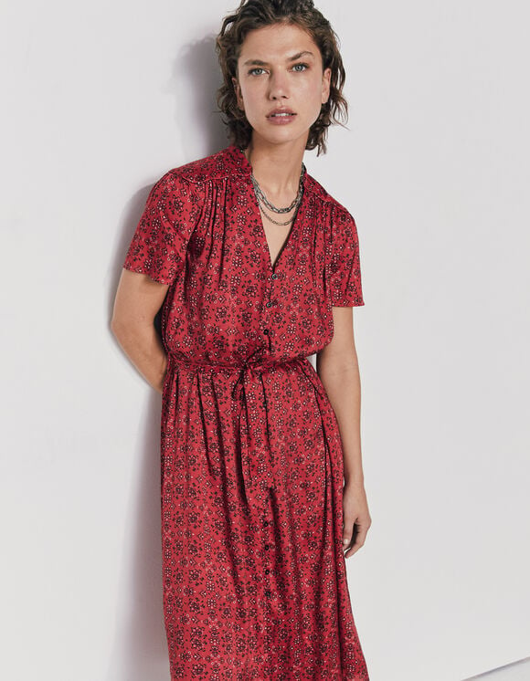 Robe longue boutonnée viscose imprimé bandana rouge femme