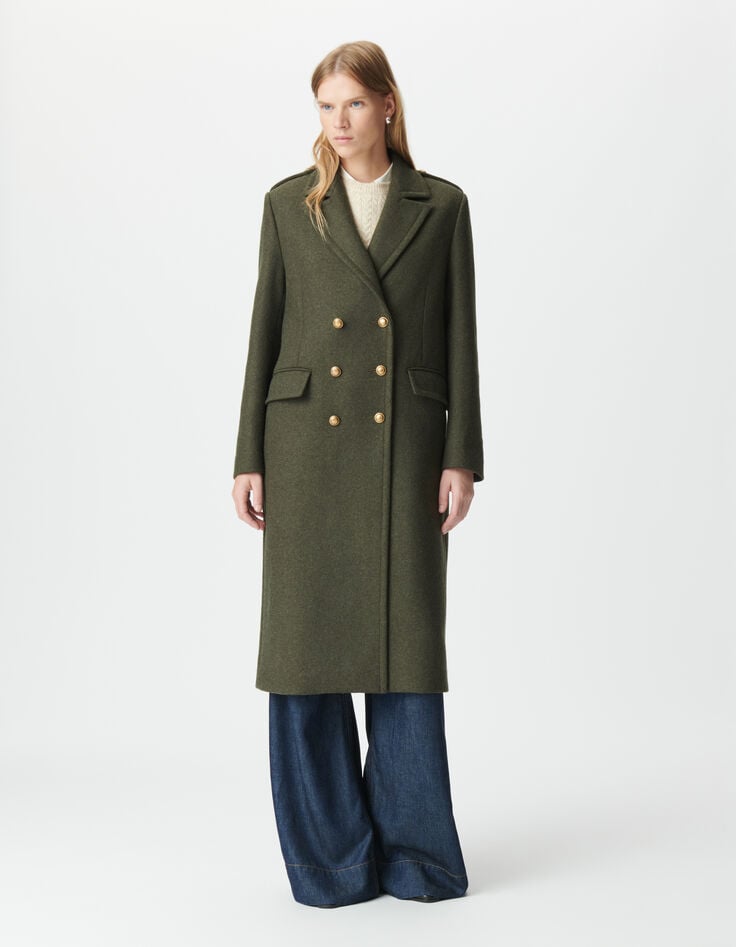 Women’s khaki long pea coat with engraved buttons-1 Women’s khaki long pea coat with engraved buttons-1